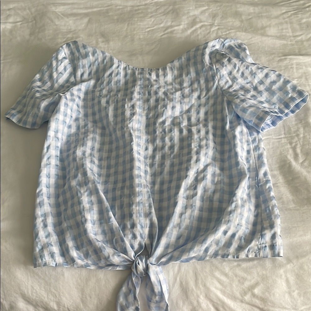 Blue and White Gingham Tie-Front Blouse